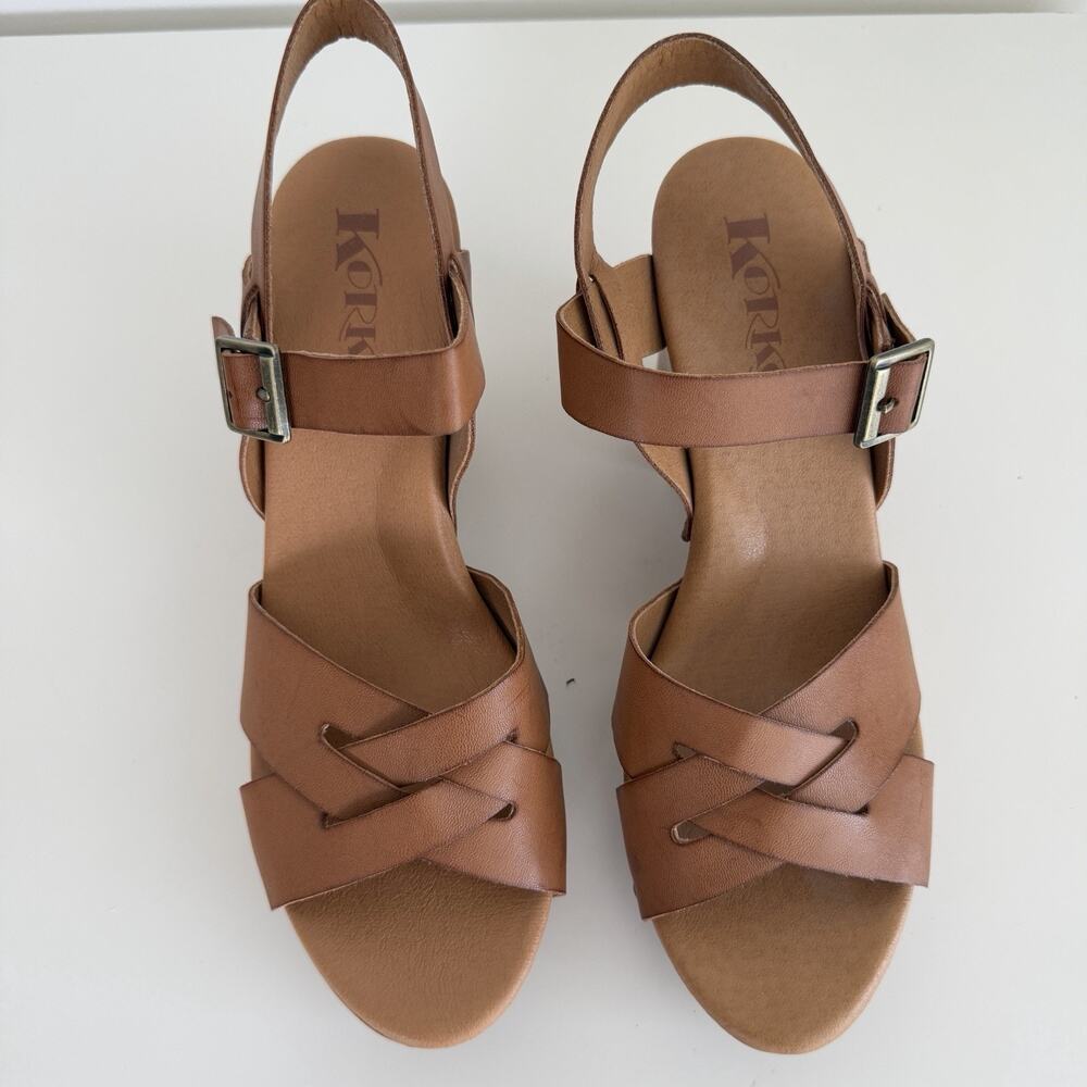 Korks Platform Sandals Womens 9 Brown Tan Wood Heel Strap Studs Boho Earthy‎ - Picture 4 of 9
